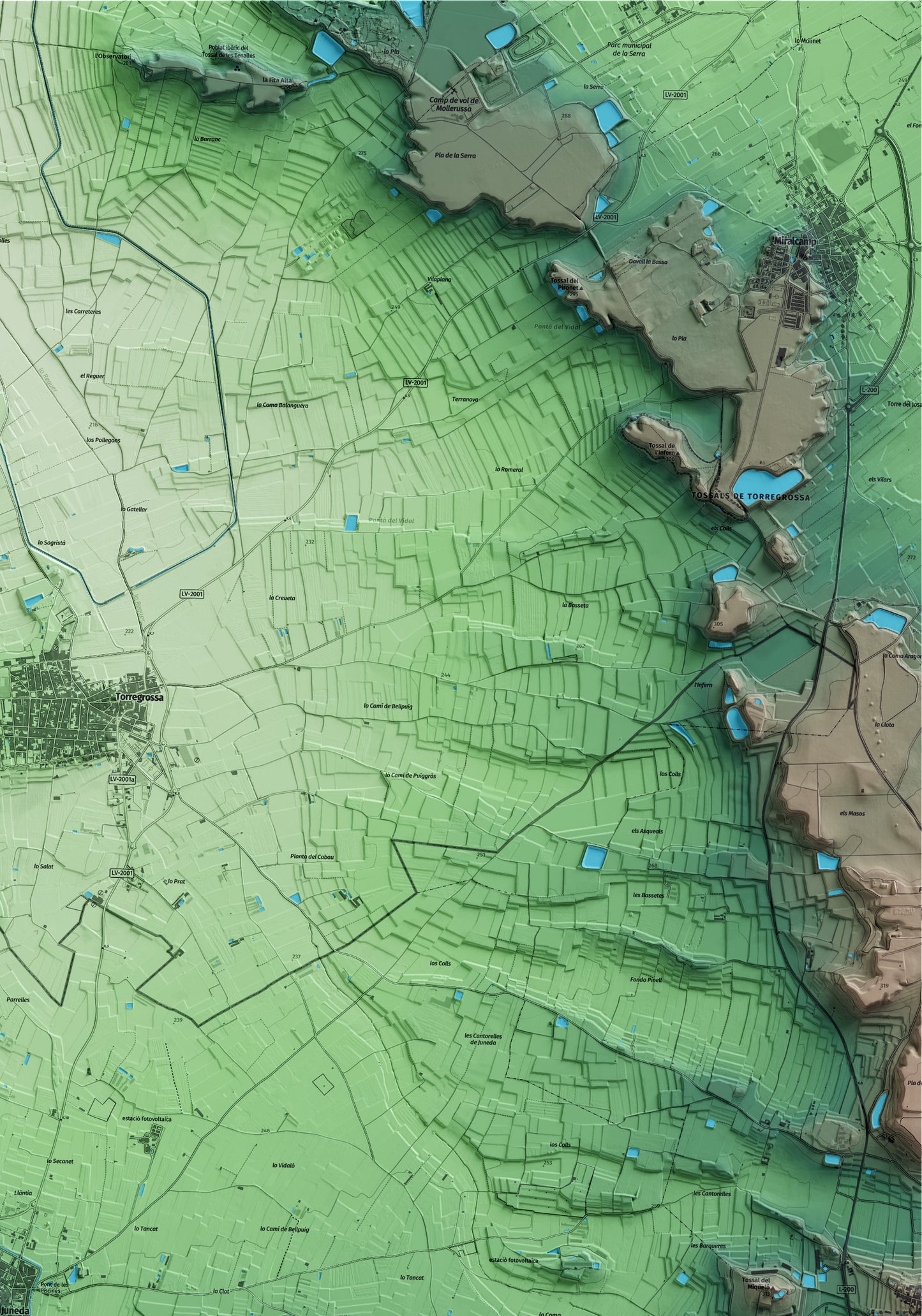 Mapa artístico del relieve de Juneda, a las Garrigues, con 15 km de entorno y base topográfica ICGC. Detalle de la zona superior derecha.