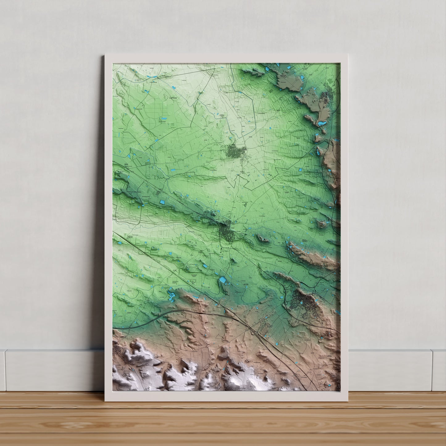 Mapa artístico del relieve de Juneda, a las Garrigues, con 15 km de entorno y base topográfica ICGC. Presentación enmarcada.
