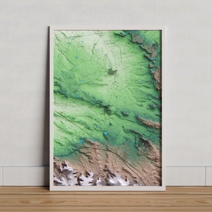 Mapa artístico del relieve de Juneda, a las Garrigues, con 15 km de entorno y base topográfica ICGC. Presentación enmarcada.