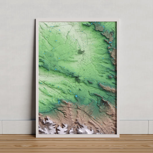 Mapa artístico del relieve de Juneda, a las Garrigues, con 15 km de entorno y base topográfica ICGC. Presentación enmarcada.