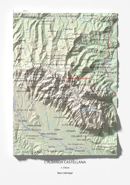 Mapa de relieve de L'Albarda Castellana, 1178 m, Baix Llobregat, lámina 100 Cims de Trobart 21 × 30 cm.