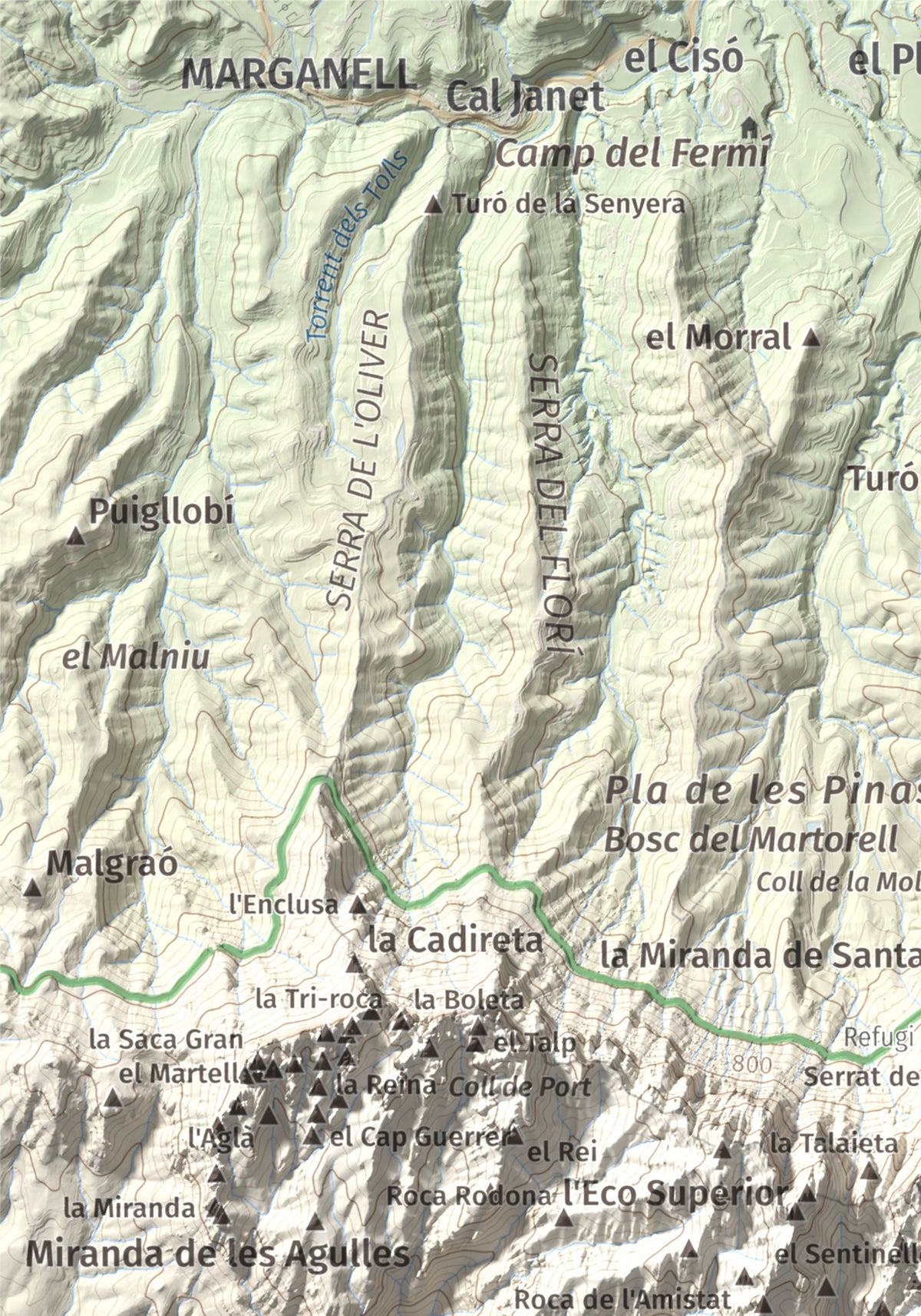 Mapa de relieve de L'Albarda Castellana, 1178 m, Baix Llobregat, lámina 100 Cims de Trobart. Detalle de la zona superior izquierda. 21 × 30 cm.