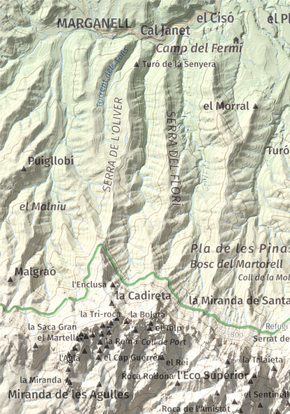 Mapa de relieve de L'Albarda Castellana, 1178 m, Baix Llobregat, lámina 100 Cims de Trobart. Detalle de la zona superior izquierda. 21 × 30 cm.