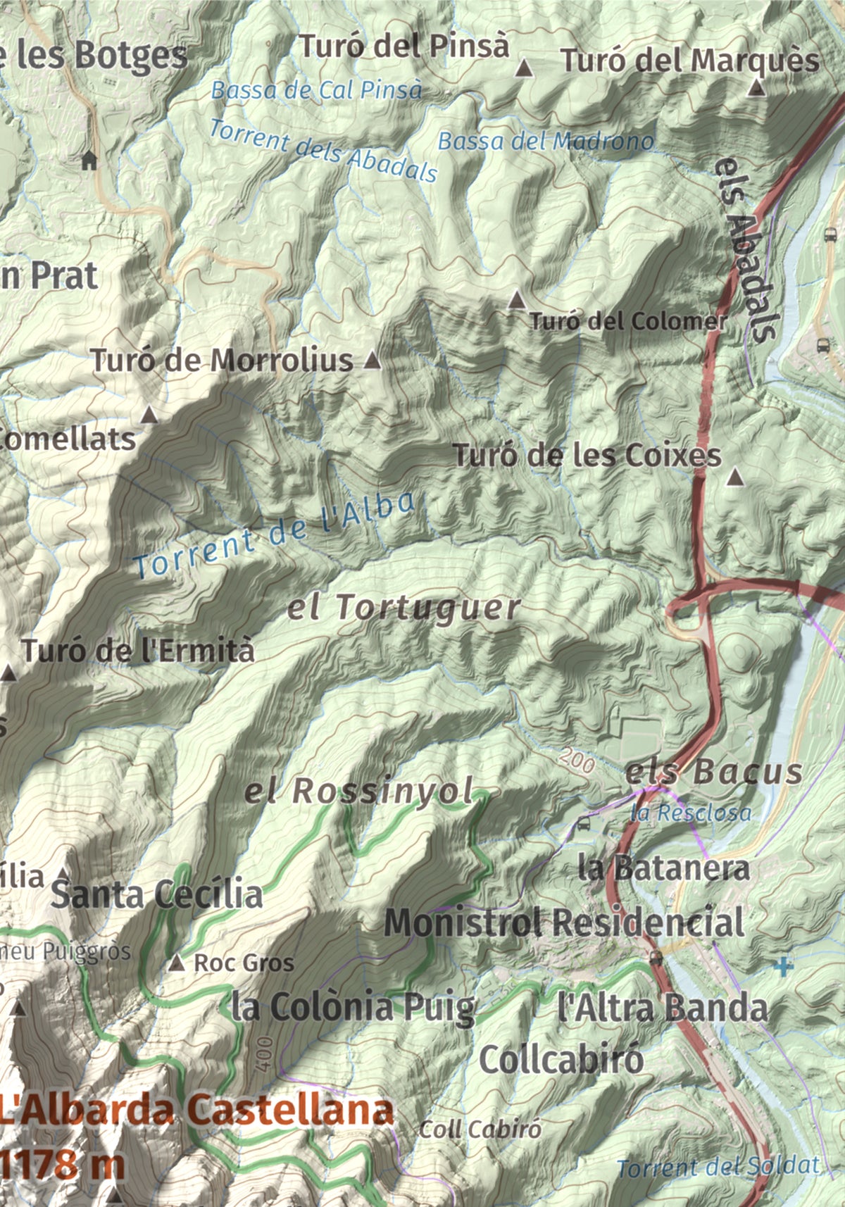 Mapa de relieve de L'Albarda Castellana, 1178 m, Baix Llobregat, lámina 100 Cims de Trobart. Detalle de la zona superior derecha. 21 × 30 cm.