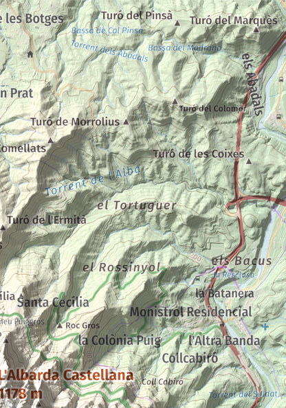 Mapa de relieve de L'Albarda Castellana, 1178 m, Baix Llobregat, lámina 100 Cims de Trobart. Detalle de la zona superior derecha. 21 × 30 cm.