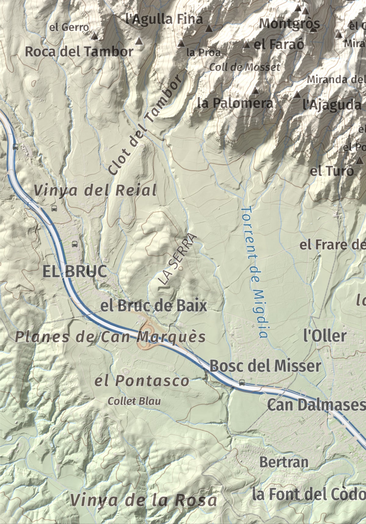 Mapa de relieve de L'Albarda Castellana, 1178 m, Baix Llobregat, lámina 100 Cims de Trobart. Detalle de la zona inferior izquierda. 21 × 30 cm.