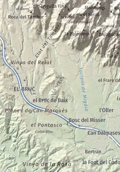 Mapa de relieve de L'Albarda Castellana, 1178 m, Baix Llobregat, lámina 100 Cims de Trobart. Detalle de la zona inferior izquierda. 21 × 30 cm.