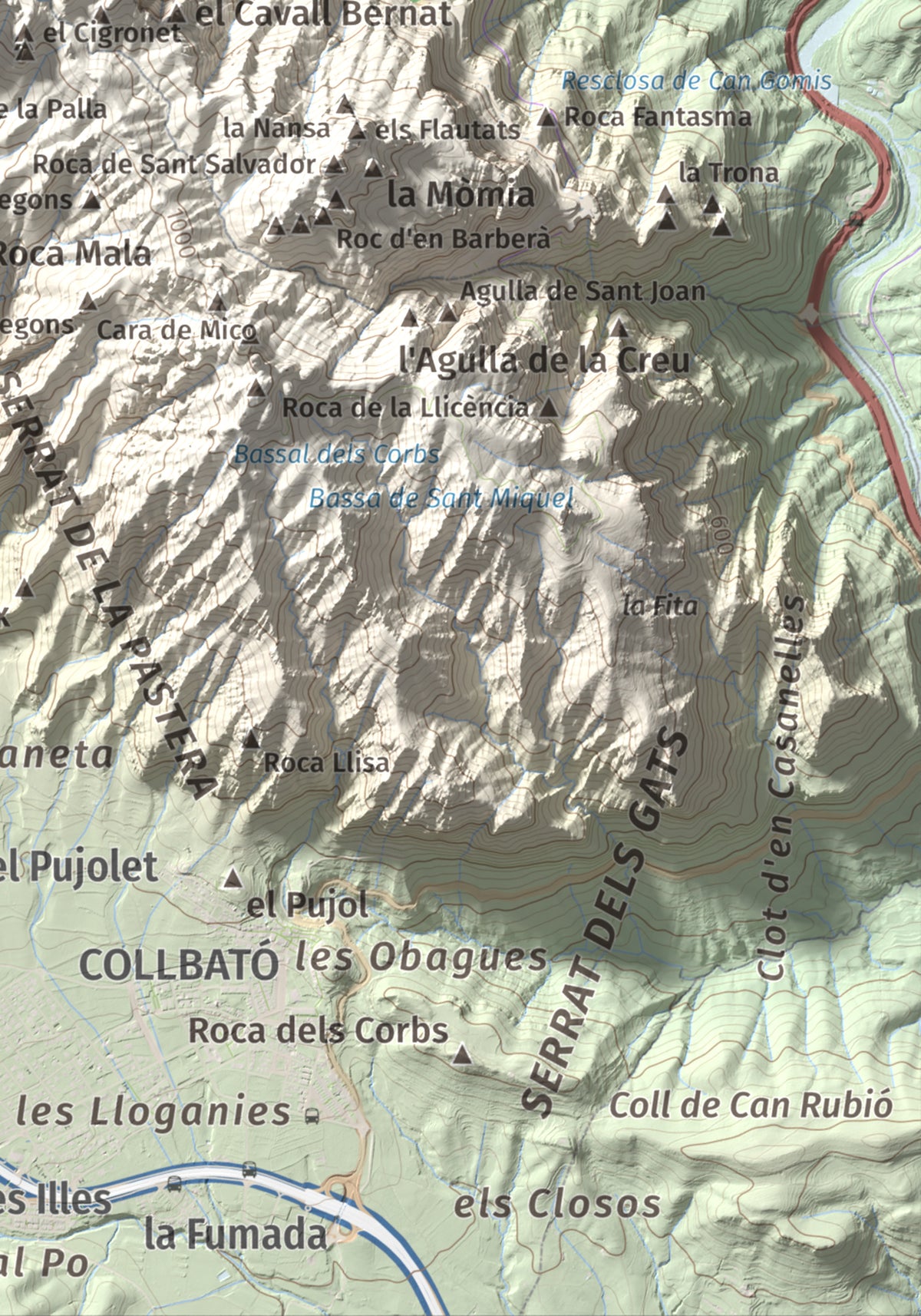 Mapa de relieve de L'Albarda Castellana, 1178 m, Baix Llobregat, lámina 100 Cims de Trobart. Detalle de la zona inferior derecha. 21 × 30 cm.