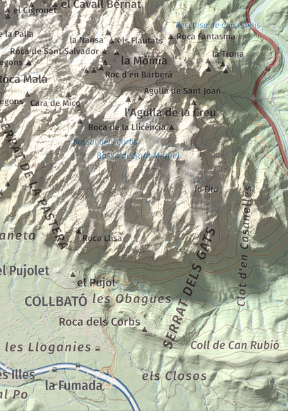 Mapa de relieve de L'Albarda Castellana, 1178 m, Baix Llobregat, lámina 100 Cims de Trobart. Detalle de la zona inferior derecha. 21 × 30 cm.