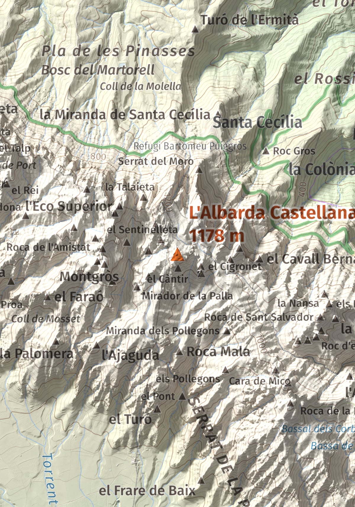 Mapa de relieve de L'Albarda Castellana, 1178 m, Baix Llobregat, lámina 100 Cims de Trobart. Detalle de la zona central. 21 × 30 cm.