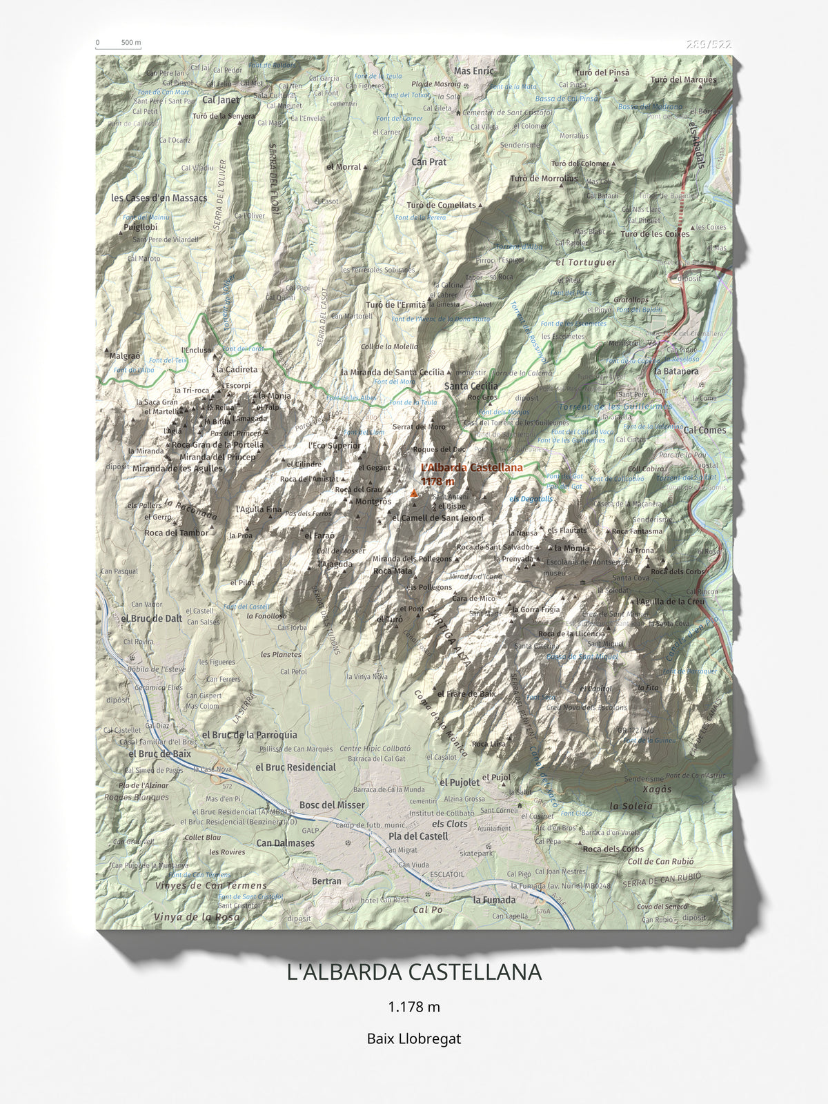 Mapa de relieve de L'Albarda Castellana, 1178 m, Baix Llobregat, lámina 100 Cims de Trobart 30 × 40 cm.