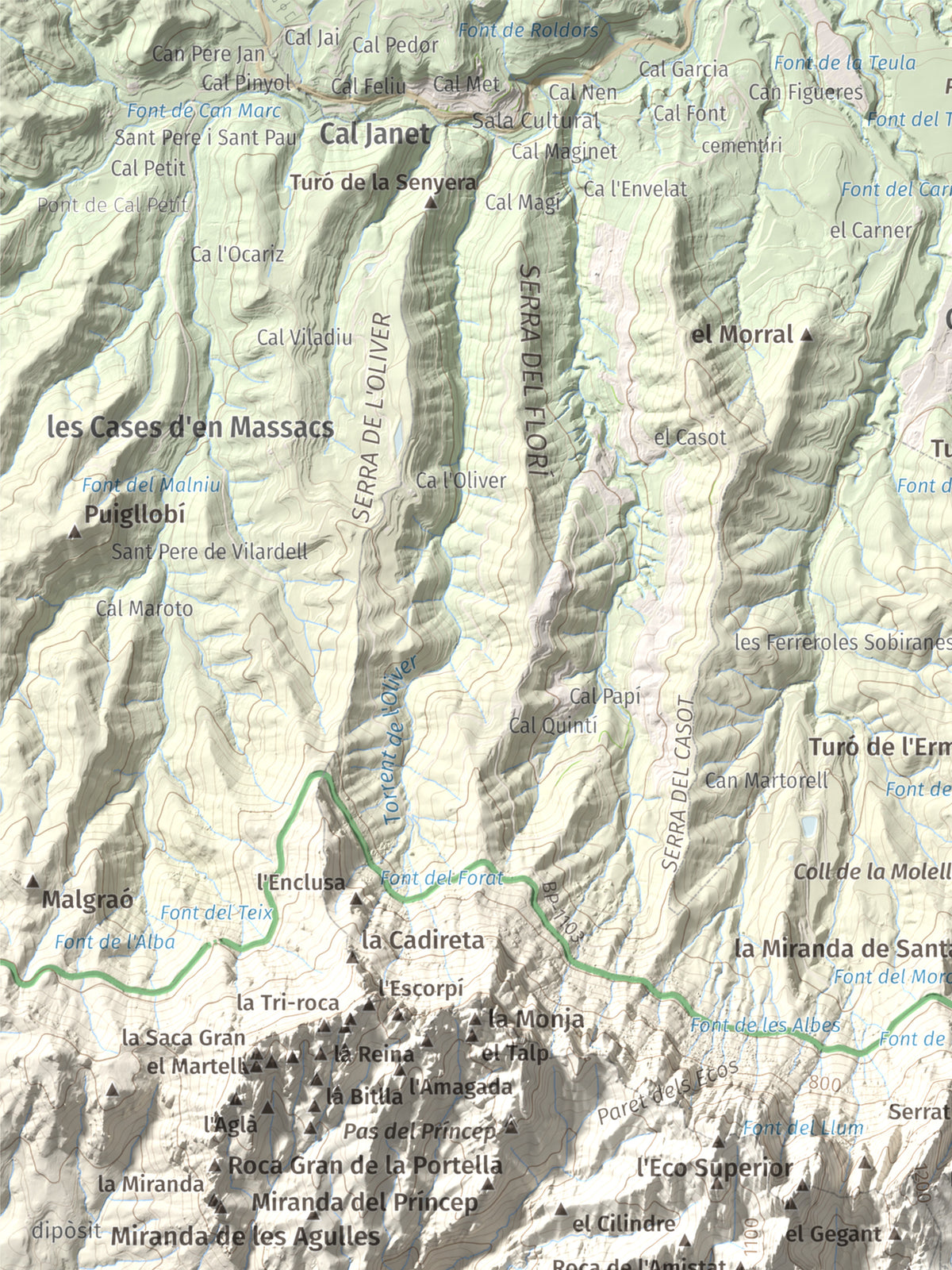 Mapa de relieve de L'Albarda Castellana, 1178 m, Baix Llobregat, lámina 100 Cims de Trobart. Detalle de la zona superior izquierda. 30 × 40 cm.