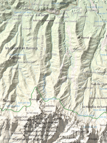 Mapa de relieve de L'Albarda Castellana, 1178 m, Baix Llobregat, lámina 100 Cims de Trobart. Detalle de la zona superior izquierda. 30 × 40 cm.