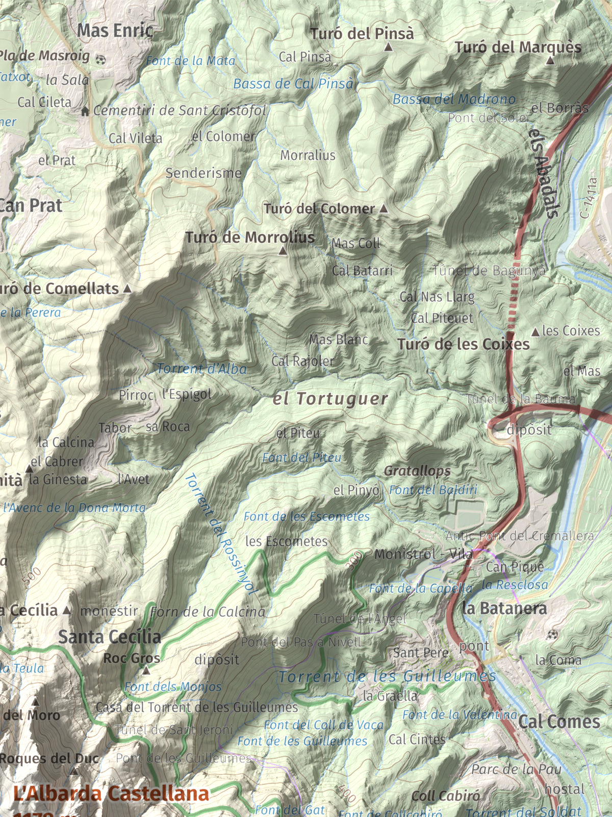 Mapa de relieve de L'Albarda Castellana, 1178 m, Baix Llobregat, lámina 100 Cims de Trobart. Detalle de la zona superior derecha. 30 × 40 cm.