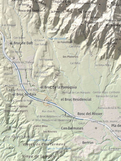 Mapa de relieve de L'Albarda Castellana, 1178 m, Baix Llobregat, lámina 100 Cims de Trobart. Detalle de la zona inferior izquierda. 30 × 40 cm.