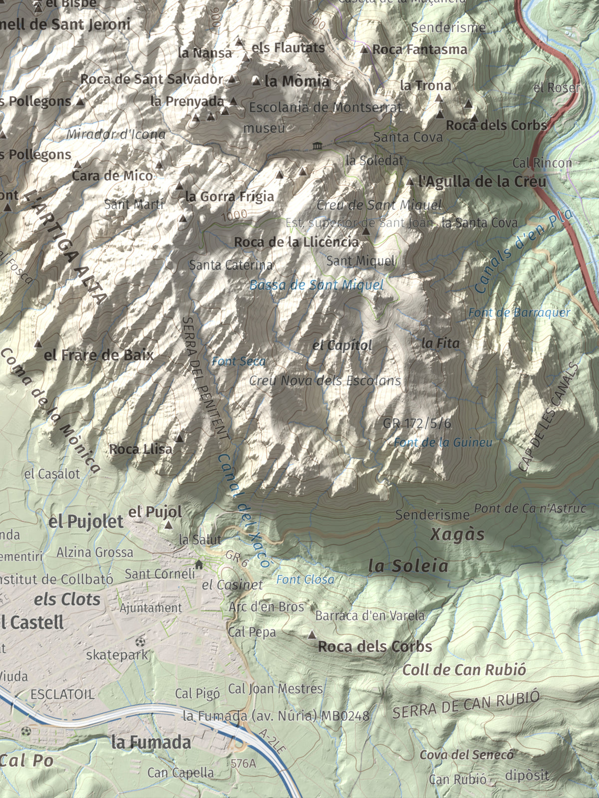 Mapa de relieve de L'Albarda Castellana, 1178 m, Baix Llobregat, lámina 100 Cims de Trobart. Detalle de la zona inferior derecha. 30 × 40 cm.