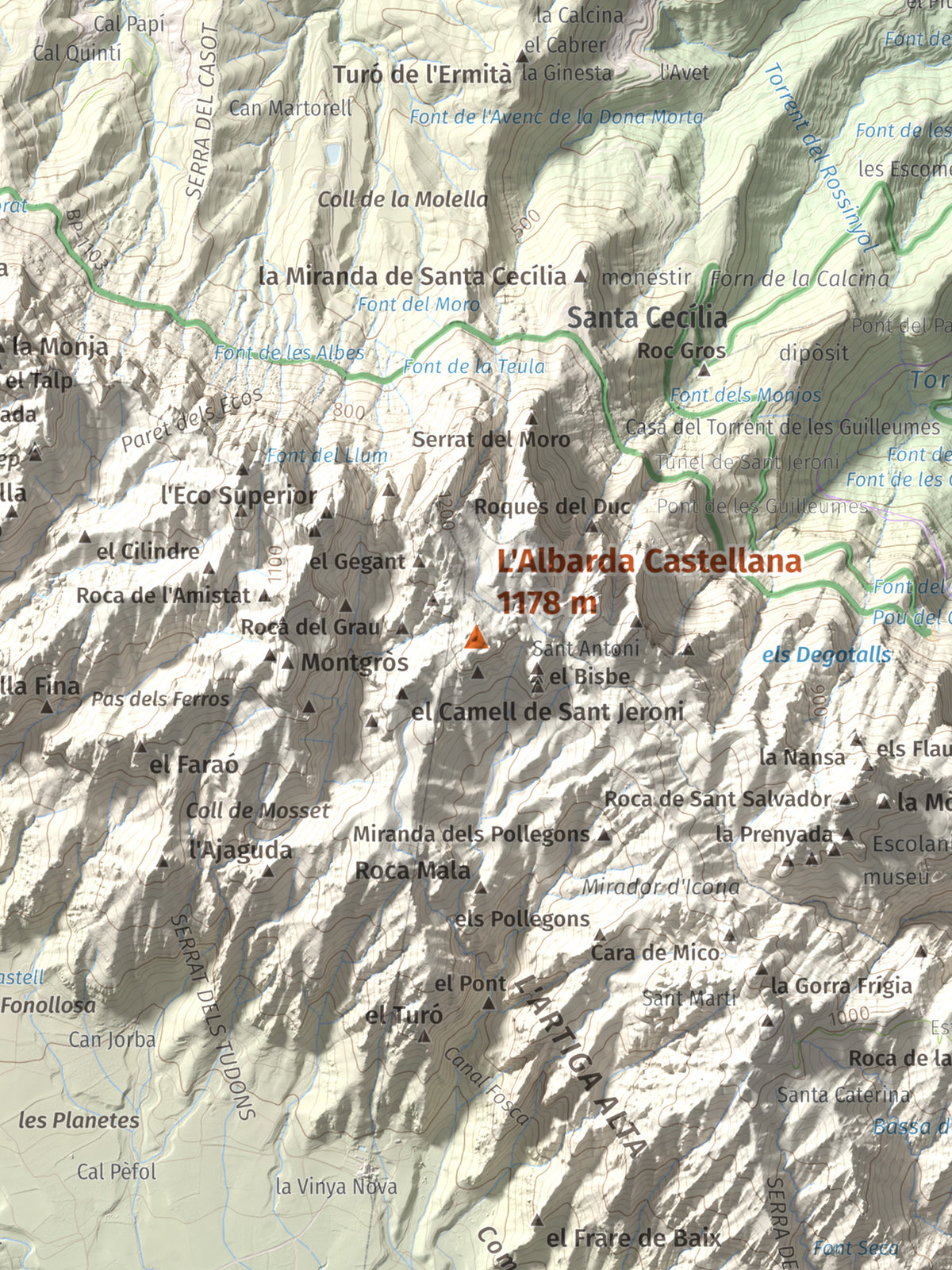 Mapa de relieve de L'Albarda Castellana, 1178 m, Baix Llobregat, lámina 100 Cims de Trobart. Detalle de la zona central. 30 × 40 cm.