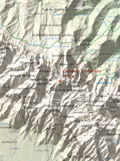Mapa de relieve de L'Albarda Castellana, 1178 m, Baix Llobregat, lámina 100 Cims de Trobart. Detalle de la zona central. 30 × 40 cm.