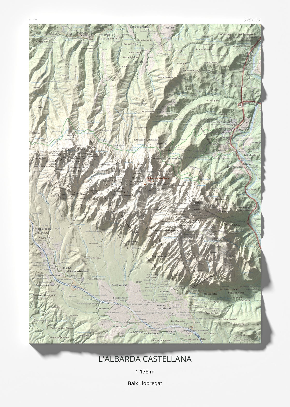 Mapa de relieve de L'Albarda Castellana, 1178 m, Baix Llobregat, lámina 100 Cims de Trobart 50 × 70 cm.