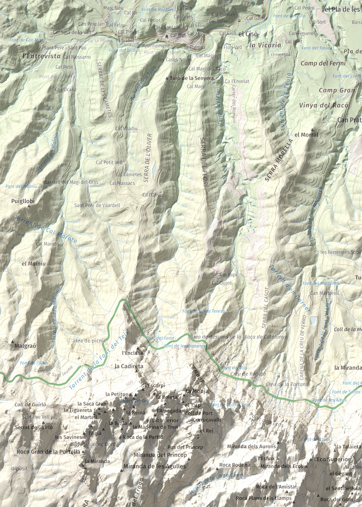 Mapa de relieve de L'Albarda Castellana, 1178 m, Baix Llobregat, lámina 100 Cims de Trobart. Detalle de la zona superior izquierda. 50 × 70 cm.