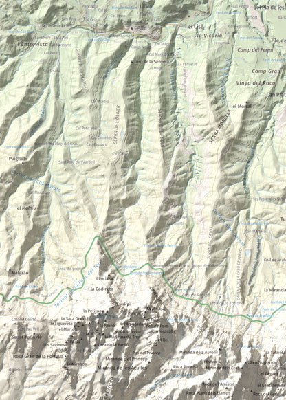 Mapa de relieve de L'Albarda Castellana, 1178 m, Baix Llobregat, lámina 100 Cims de Trobart. Detalle de la zona superior izquierda. 50 × 70 cm.