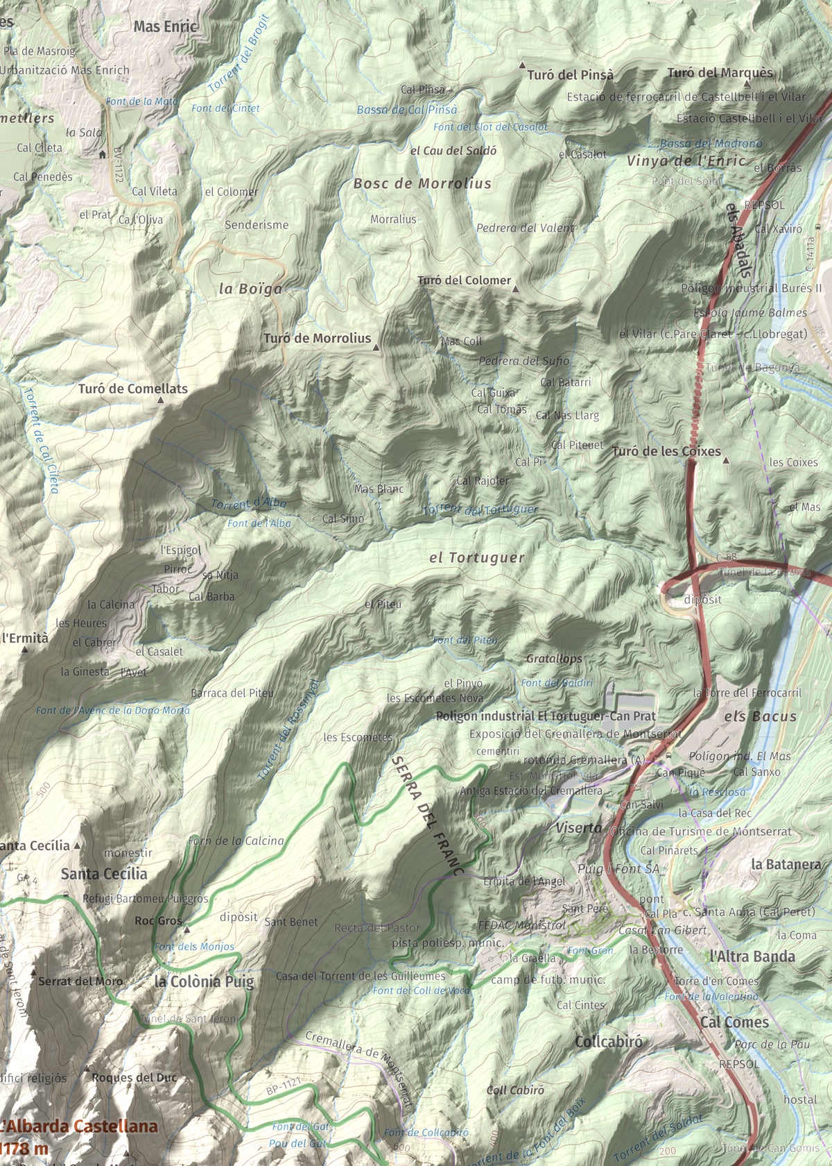 Mapa de relieve de L'Albarda Castellana, 1178 m, Baix Llobregat, lámina 100 Cims de Trobart. Detalle de la zona superior derecha. 50 × 70 cm.