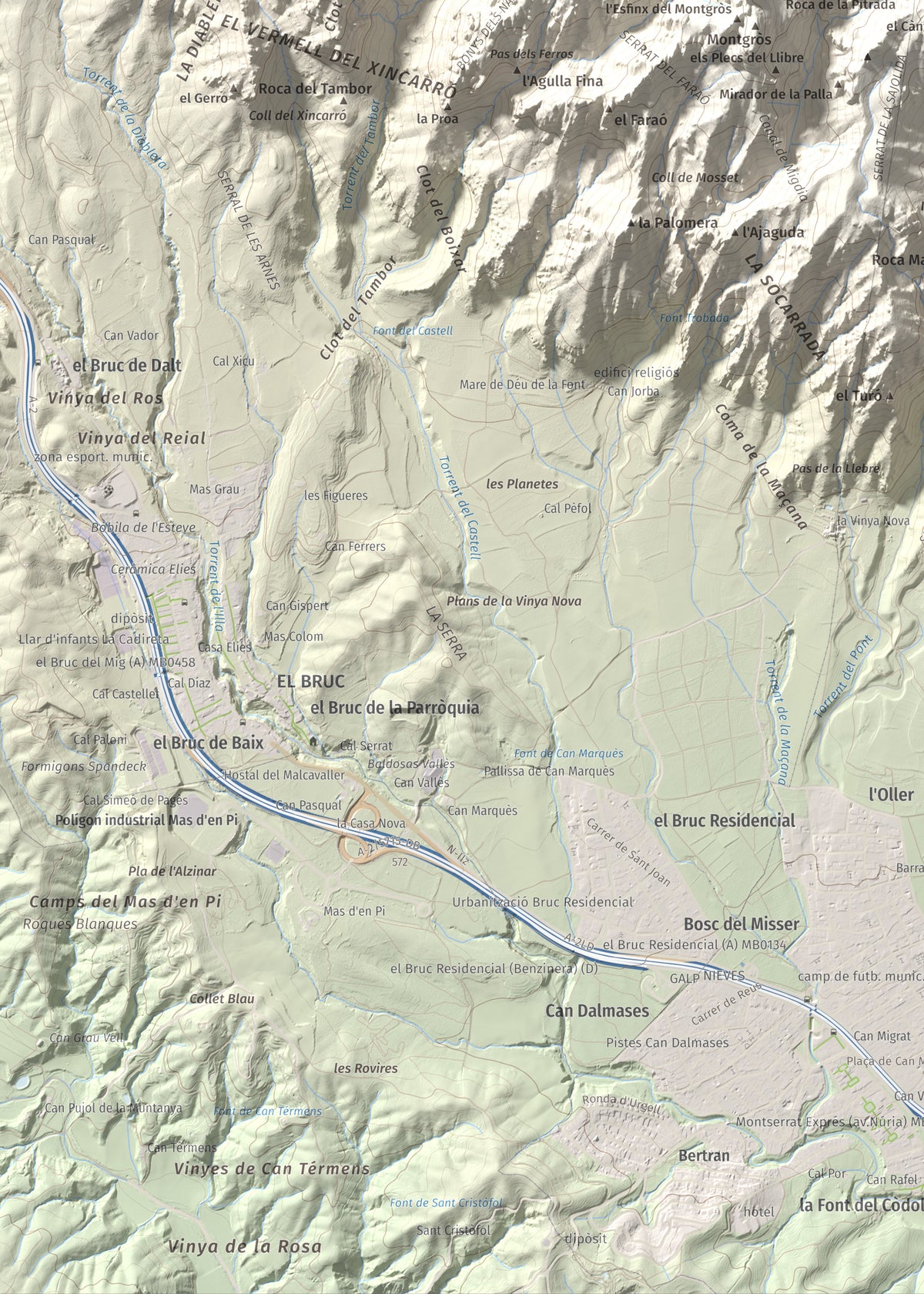Mapa de relieve de L'Albarda Castellana, 1178 m, Baix Llobregat, lámina 100 Cims de Trobart. Detalle de la zona inferior izquierda. 50 × 70 cm.