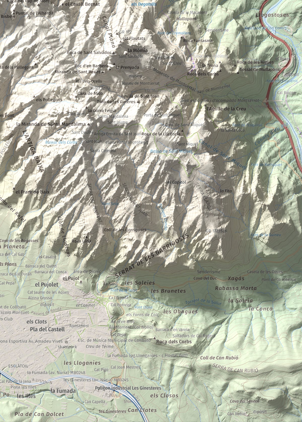 Mapa de relieve de L'Albarda Castellana, 1178 m, Baix Llobregat, lámina 100 Cims de Trobart. Detalle de la zona inferior derecha. 50 × 70 cm.