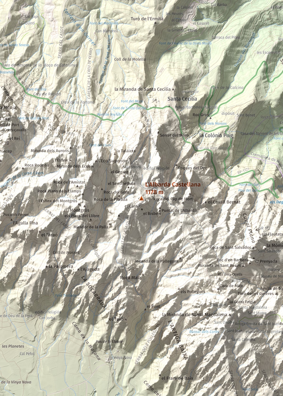Mapa de relieve de L'Albarda Castellana, 1178 m, Baix Llobregat, lámina 100 Cims de Trobart. Detalle de la zona central. 50 × 70 cm.
