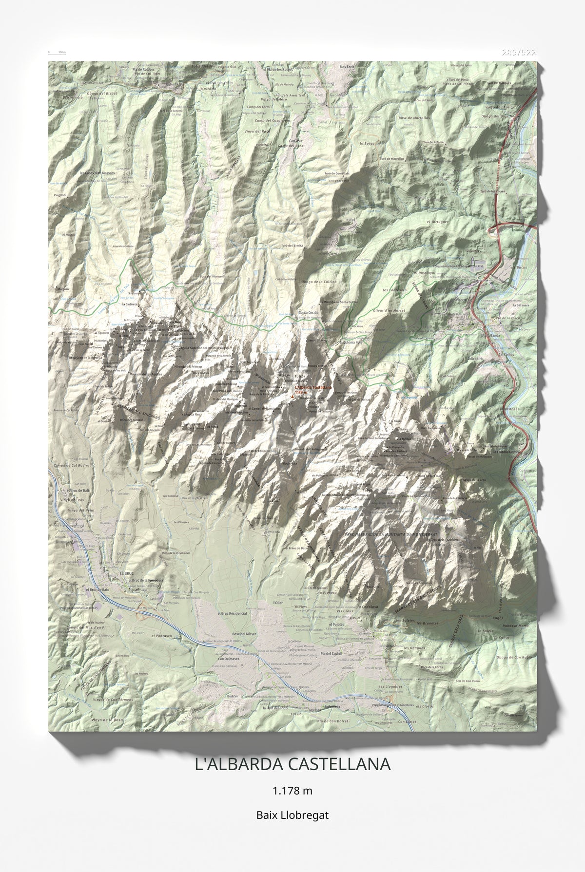 Mapa de relieve de L'Albarda Castellana, 1178 m, Baix Llobregat, lámina 100 Cims de Trobart 61 × 91 cm.