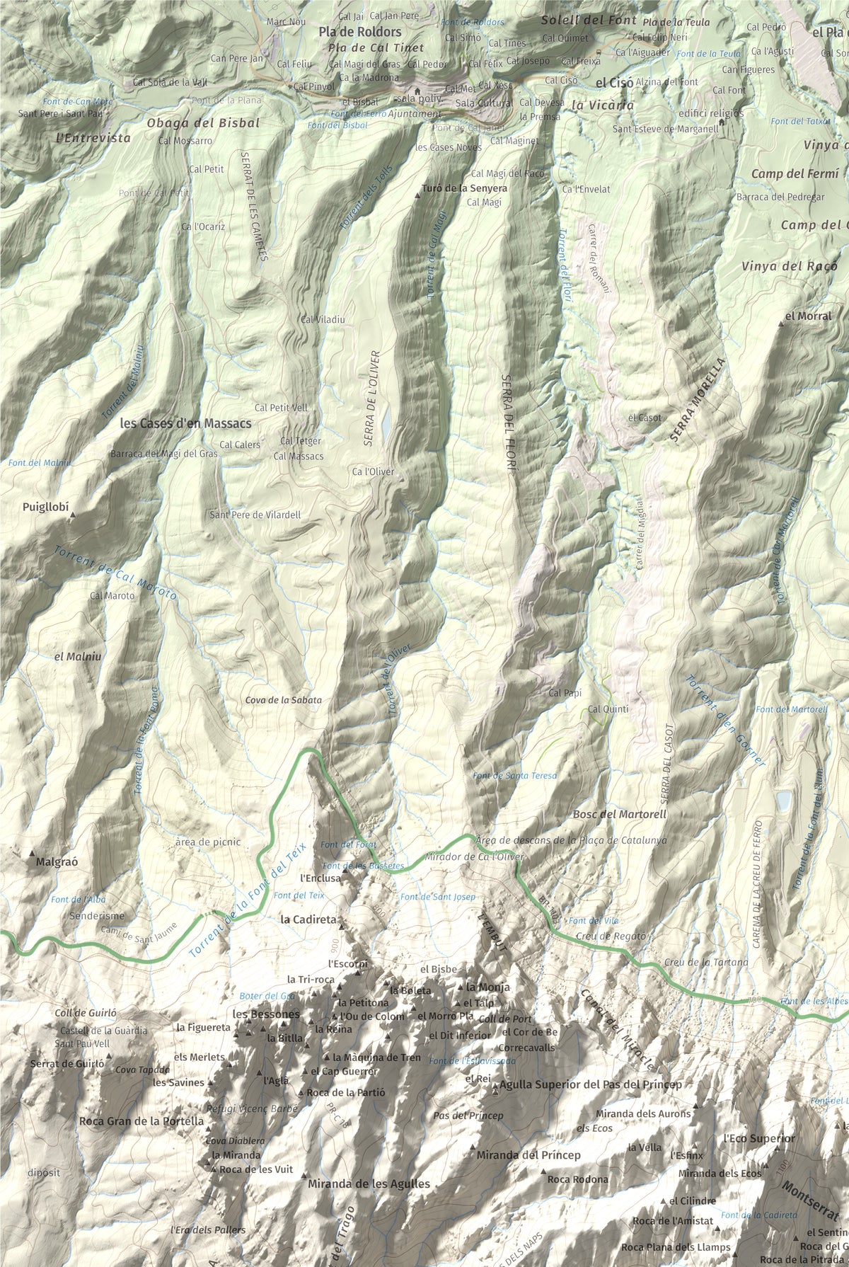 Mapa de relieve de L'Albarda Castellana, 1178 m, Baix Llobregat, lámina 100 Cims de Trobart. Detalle de la zona superior izquierda. 61 × 91 cm.