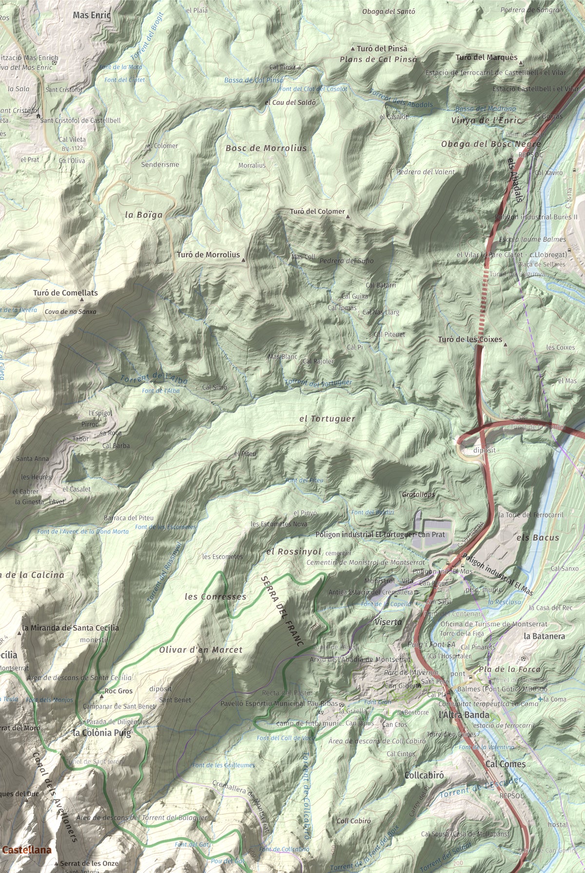 Mapa de relieve de L'Albarda Castellana, 1178 m, Baix Llobregat, lámina 100 Cims de Trobart. Detalle de la zona superior derecha. 61 × 91 cm.