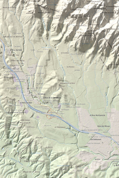 Mapa de relieve de L'Albarda Castellana, 1178 m, Baix Llobregat, lámina 100 Cims de Trobart. Detalle de la zona inferior izquierda. 61 × 91 cm.