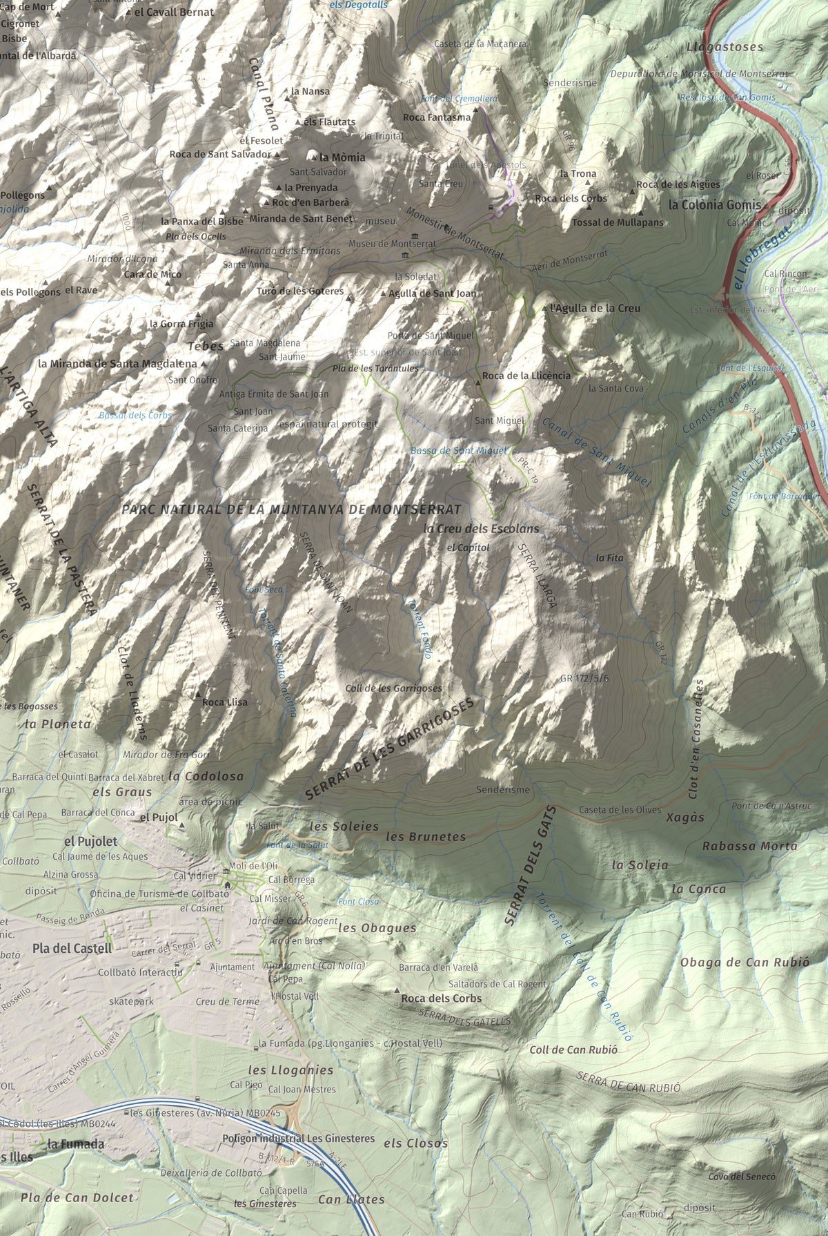 Mapa de relieve de L'Albarda Castellana, 1178 m, Baix Llobregat, lámina 100 Cims de Trobart. Detalle de la zona inferior derecha. 61 × 91 cm.
