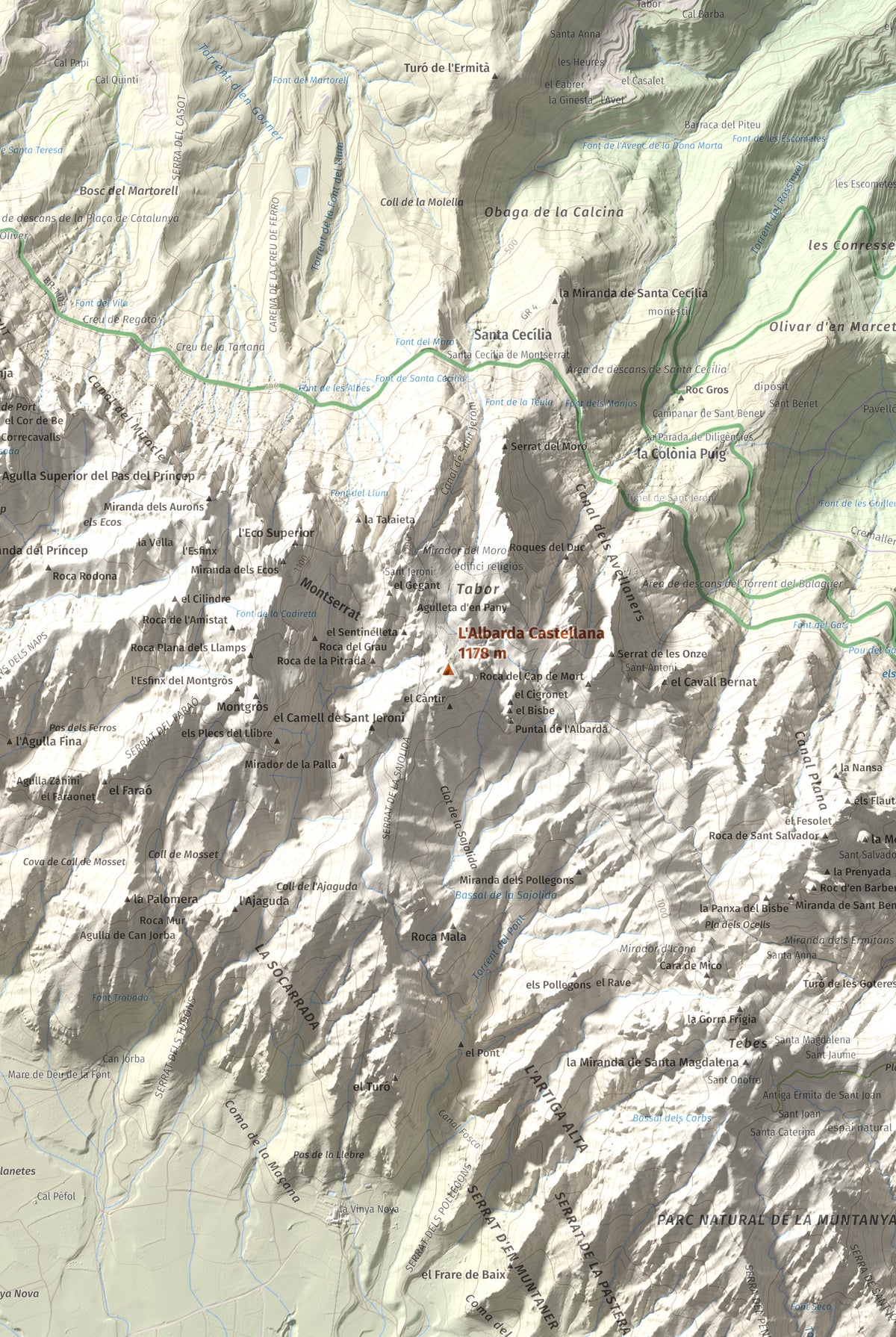 Mapa de relieve de L'Albarda Castellana, 1178 m, Baix Llobregat, lámina 100 Cims de Trobart. Detalle de la zona central. 61 × 91 cm.