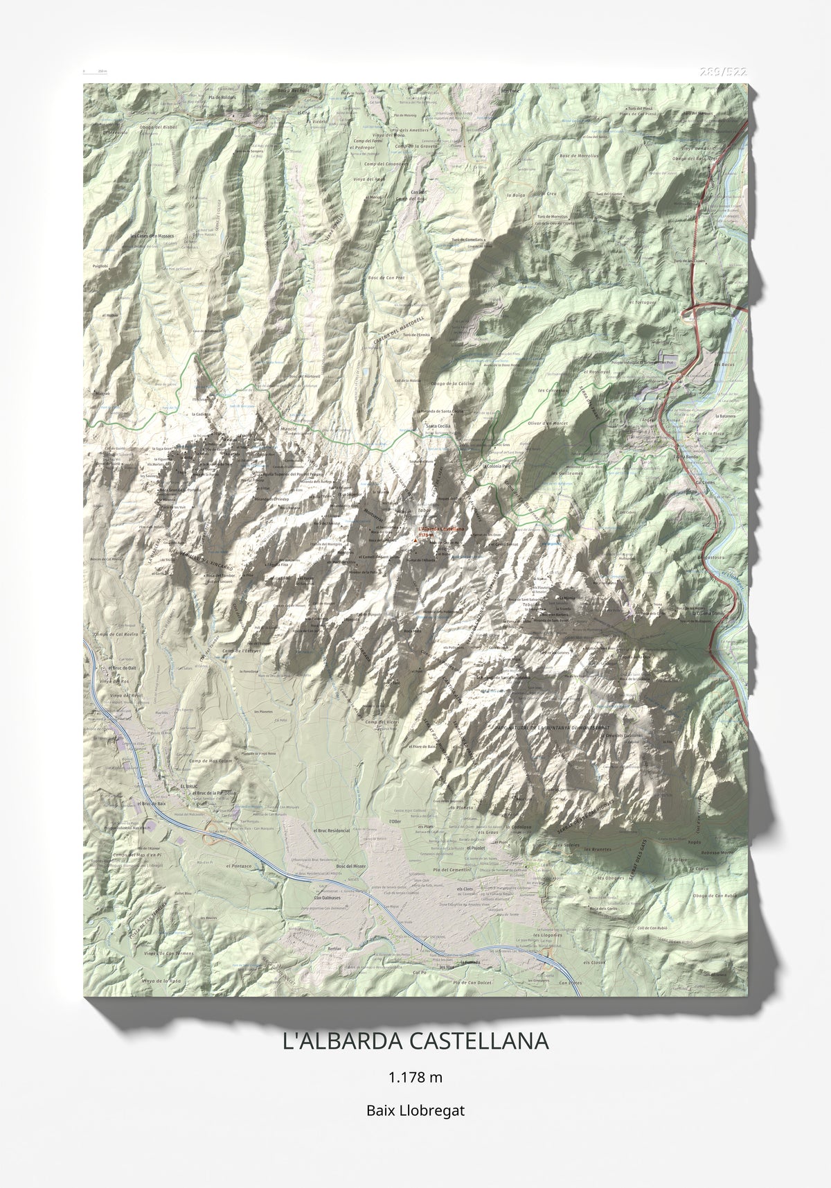 Mapa de relieve de L'Albarda Castellana, 1178 m, Baix Llobregat, lámina 100 Cims de Trobart 70 × 100 cm.