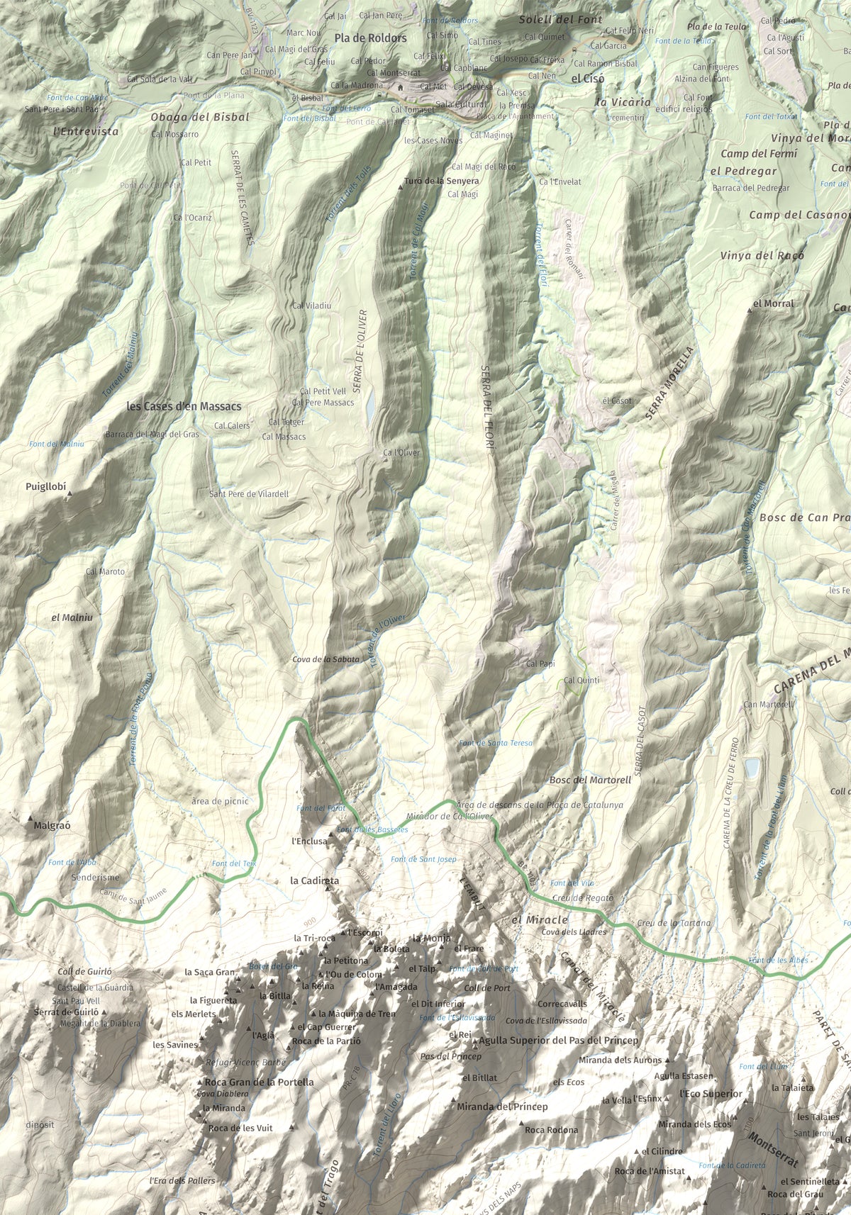 Mapa de relieve de L'Albarda Castellana, 1178 m, Baix Llobregat, lámina 100 Cims de Trobart. Detalle de la zona superior izquierda. 70 × 100 cm.