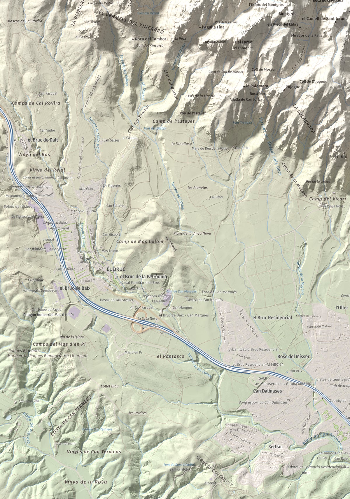 Mapa de relieve de L'Albarda Castellana, 1178 m, Baix Llobregat, lámina 100 Cims de Trobart. Detalle de la zona inferior izquierda. 70 × 100 cm.