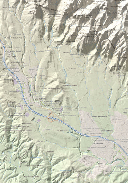 Mapa de relieve de L'Albarda Castellana, 1178 m, Baix Llobregat, lámina 100 Cims de Trobart. Detalle de la zona inferior izquierda. 70 × 100 cm.