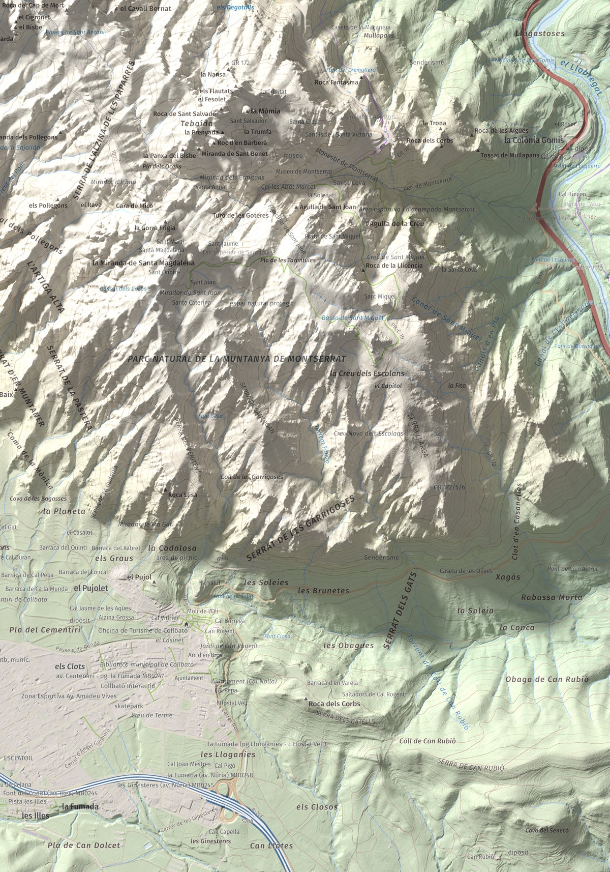 Mapa de relieve de L'Albarda Castellana, 1178 m, Baix Llobregat, lámina 100 Cims de Trobart. Detalle de la zona inferior derecha. 70 × 100 cm.