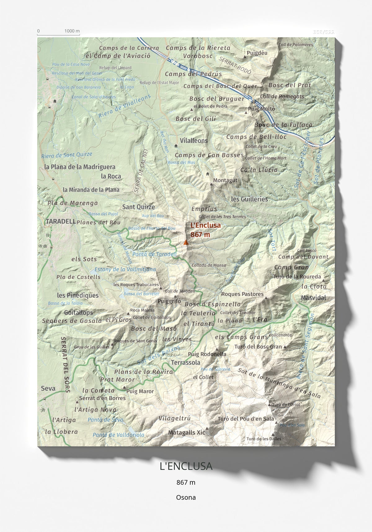 Mapa de relieve de L'Enclusa, 867 m, Osona, lámina 100 Cims de Trobart 21 × 30 cm.