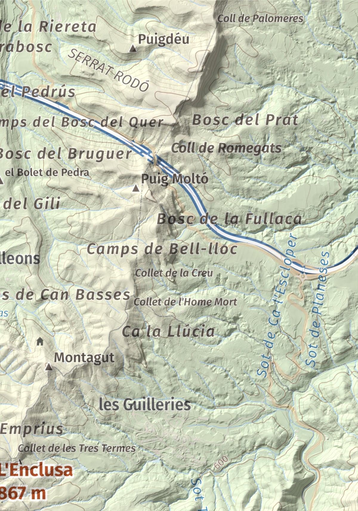 Mapa de relieve de L'Enclusa, 867 m, Osona, lámina 100 Cims de Trobart. Detalle de la zona superior derecha. 21 × 30 cm.