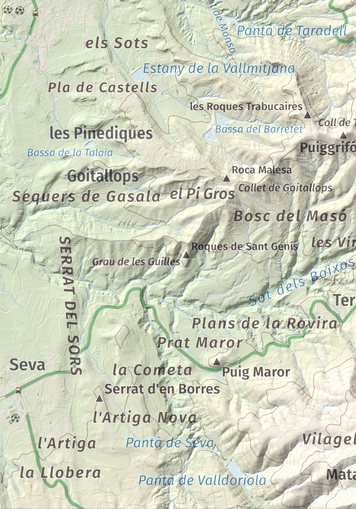 Mapa de relieve de L'Enclusa, 867 m, Osona, lámina 100 Cims de Trobart. Detalle de la zona inferior izquierda. 21 × 30 cm.