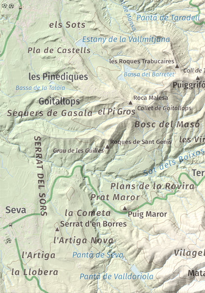 Mapa de relieve de L'Enclusa, 867 m, Osona, lámina 100 Cims de Trobart. Detalle de la zona inferior izquierda. 21 × 30 cm.