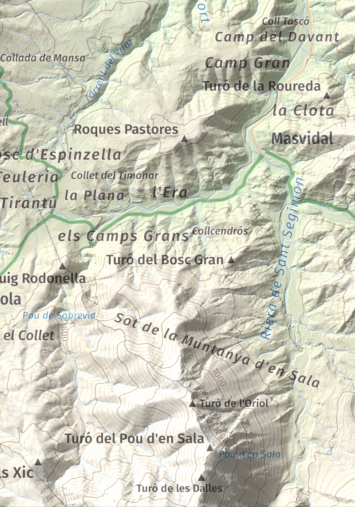 Mapa de relieve de L'Enclusa, 867 m, Osona, lámina 100 Cims de Trobart. Detalle de la zona inferior derecha. 21 × 30 cm.