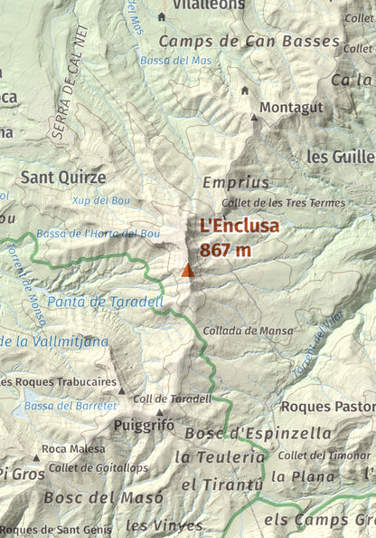 Mapa de relieve de L'Enclusa, 867 m, Osona, lámina 100 Cims de Trobart. Detalle de la zona central. 21 × 30 cm.