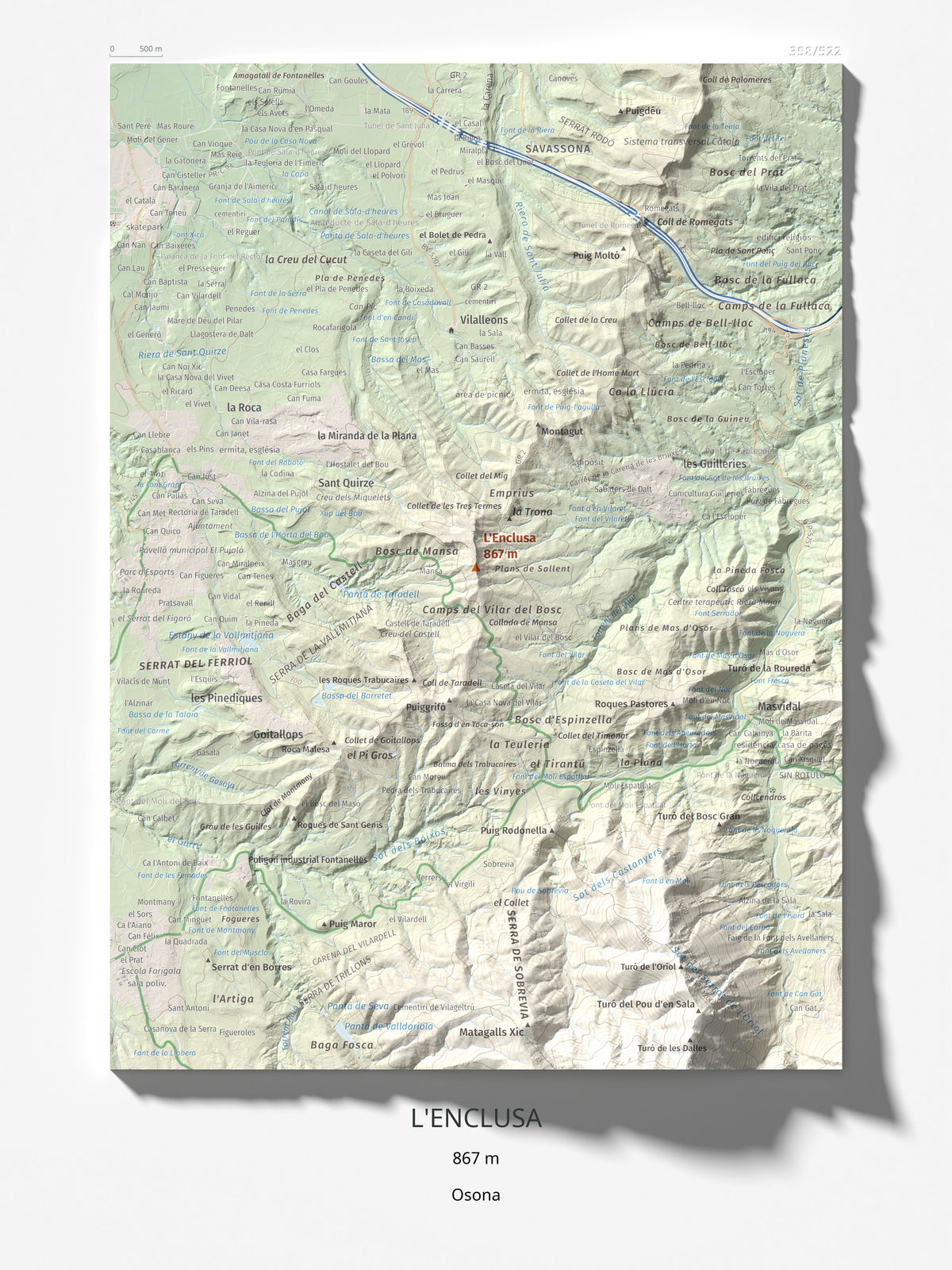 Mapa de relieve de L'Enclusa, 867 m, Osona, lámina 100 Cims de Trobart 30 × 40 cm.