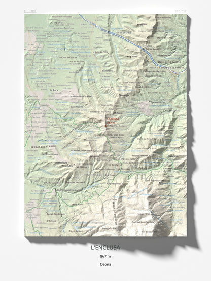 Mapa de relieve de L'Enclusa, 867 m, Osona, lámina 100 Cims de Trobart 30 × 40 cm.