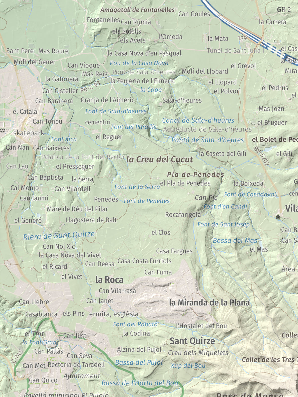 Mapa de relieve de L'Enclusa, 867 m, Osona, lámina 100 Cims de Trobart. Detalle de la zona superior izquierda. 30 × 40 cm.