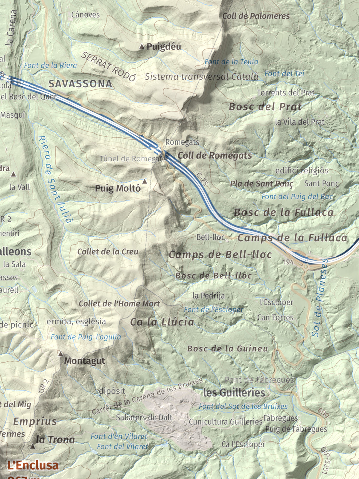 Mapa de relieve de L'Enclusa, 867 m, Osona, lámina 100 Cims de Trobart. Detalle de la zona superior derecha. 30 × 40 cm.